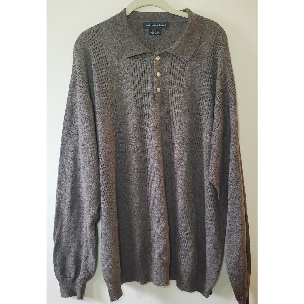 Northern Isles Mens XXL Gray Shell Button Collar Cotton Ramie Pullover Sweater